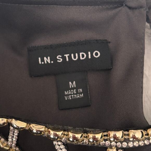 Black Bubble Hem Blouse Medium Gold Rhinestone Collar Top Shirt Bell I.N. Studio - Picture 7 of 11